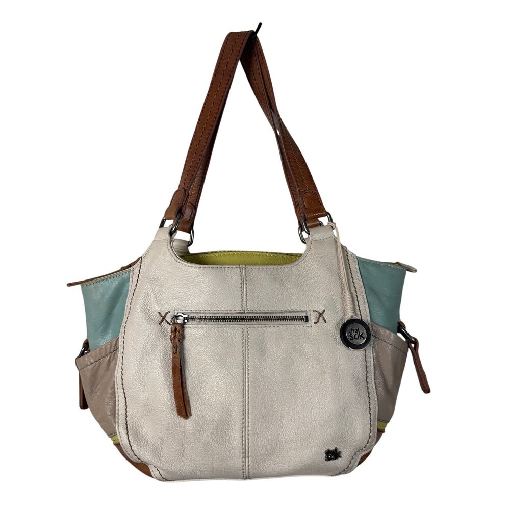**The Sak Leather Tote Bag Ivory Aqua Brown Colorblock Shoulder Purse Large**